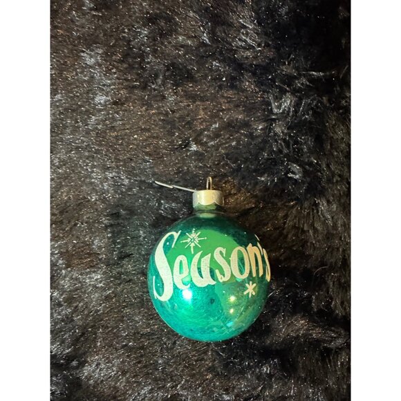 Vintage Green Glass Christmas Ornament With "Seasons Greetings" Print - Picture 1 of 3